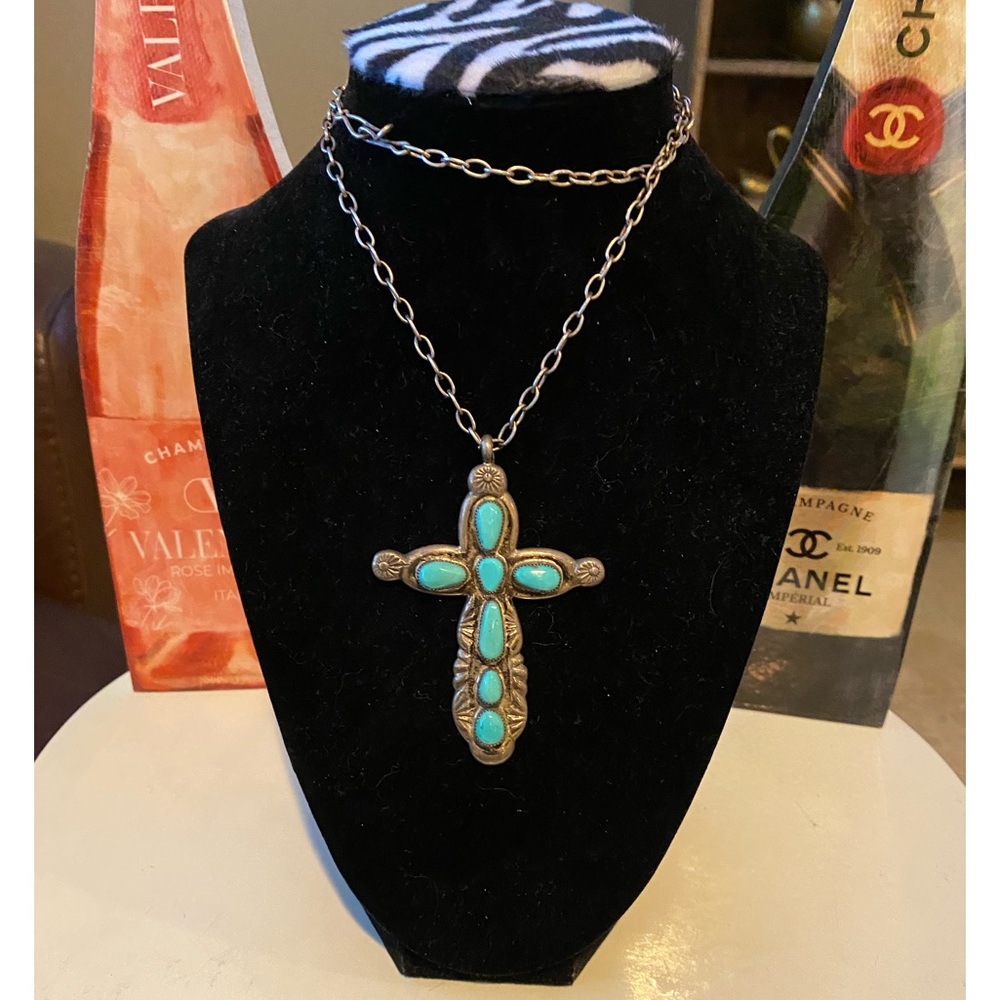 LARGE NATIVE AMERICAN ZUNI STERLING SILVER & NATURAL TURQUOISE CROSS- P. IULE